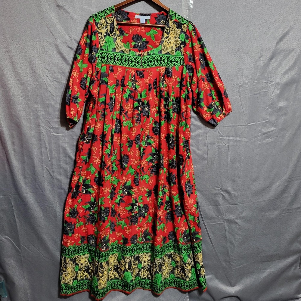 Only Necessities Dress Womens 1X 22/24 Red Floral Cotton Kaftan Maxi Pockets